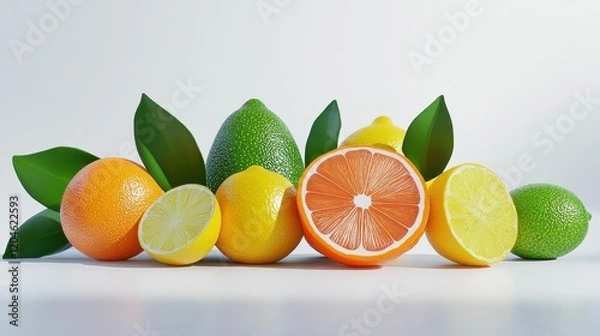 Fototapeta A vibrant arrangement of fresh citrus fruits with green leaves on a clean background.