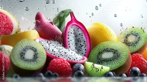 Fototapeta A vibrant assortment of fresh fruits with droplets, showcasing nature's colorful bounty.