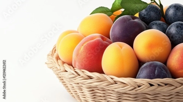Fototapeta A vibrant basket filled with fresh peaches, apricots, and plums, showcasing summer's bounty.