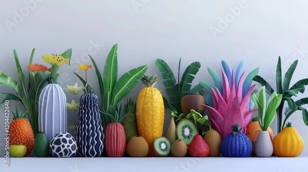 Fototapeta A vibrant display of colorful decorative fruits and plants in various shapes and sizes.