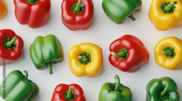 Fototapeta Colorful assortment of fresh bell peppers on a clean white surface.
