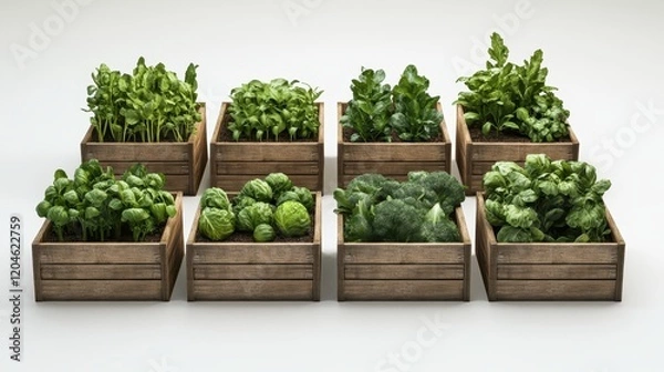 Fototapeta Freshly harvested green vegetables in wooden crates arranged aesthetically.