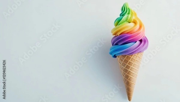 Fototapeta Rainbow ice cream in a cone, isolated on a white background with copy space.