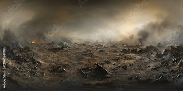Fototapeta Post-apocalyptic wasteland, fire and smoke, desolate landscape, game background