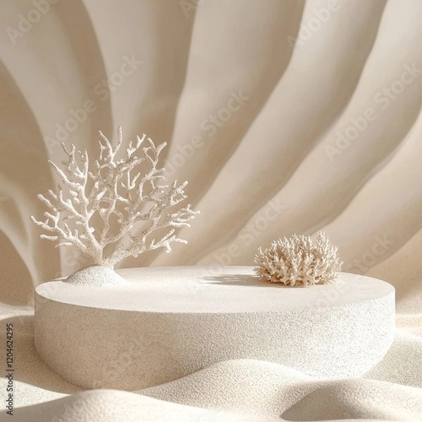 Fototapeta 3d render of white podium for product presentation with coral on the sand