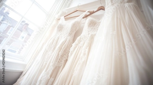 Obraz Three elegant wedding dresses hanging near a window.
