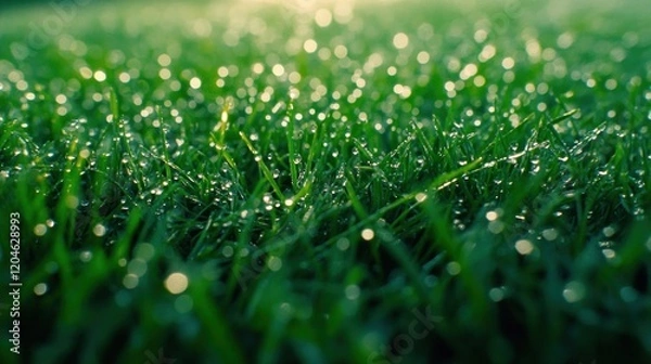Obraz Close-up of dewy green grass in sunlight.