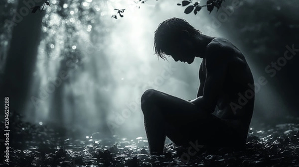 Fototapeta Silhouette of a sad man kneeling in a forest, backlit, dark mood, monochrome color scheme, with soft light rays and a misty atmosphere.