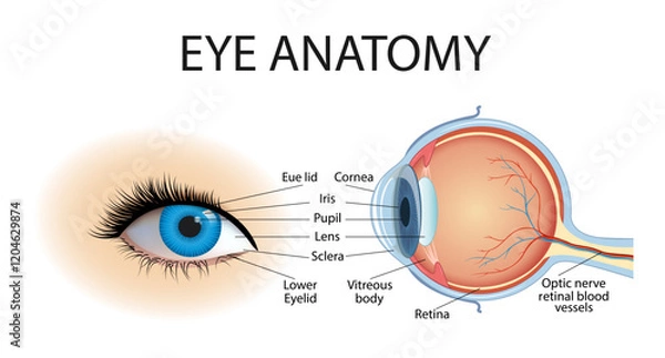 Obraz Anatomy of the eye with a structural diagram of the human optical system. Educational physiological and medical infographics with side and front views