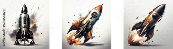 Fototapeta Three rockets launching, depicted in stylized illustrations with vibrant, explosive effects.  Each rocket displays unique design and color variations during liftoff.