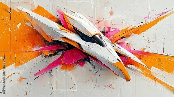 Fototapeta Abstract spaceship artwork with vibrant orange and pink splashes.