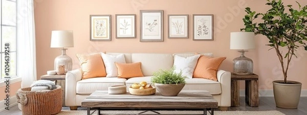Fototapeta A country living room with pastel peach walls, a light beige sofa, a reclaimed wood coffee table, and a gallery wall of vintage prints for rustic charm