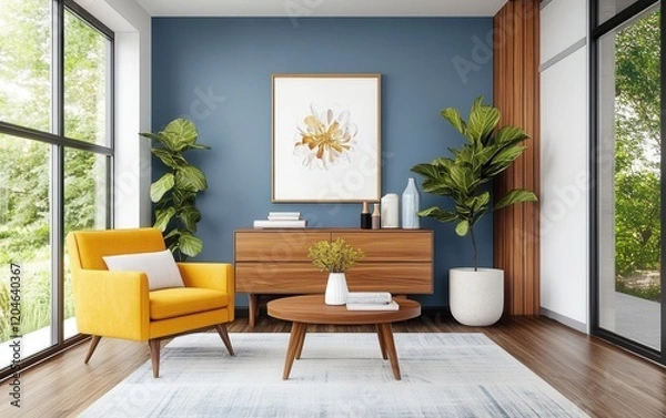 Fototapeta A mid century modern small living room with a mustard yellow armchair, a walnut coffee table, and a soft blue accent wall for a retro feel