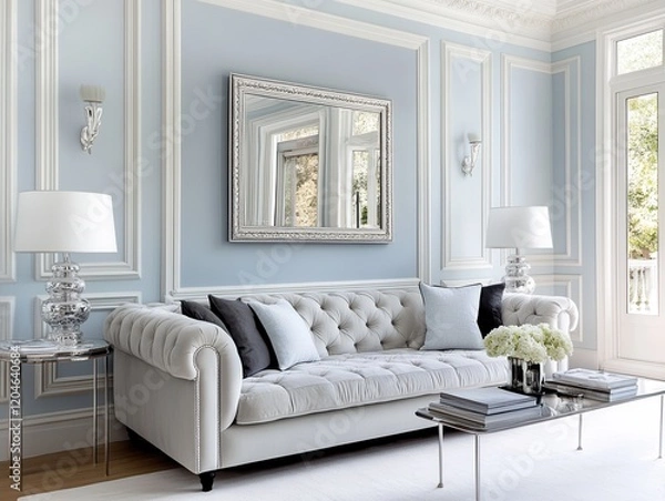 Fototapeta A neoclassical living room with pastel blue walls, a light gray tufted velvet sofa, ornate white moldings, and a silver framed mirror for added elegance