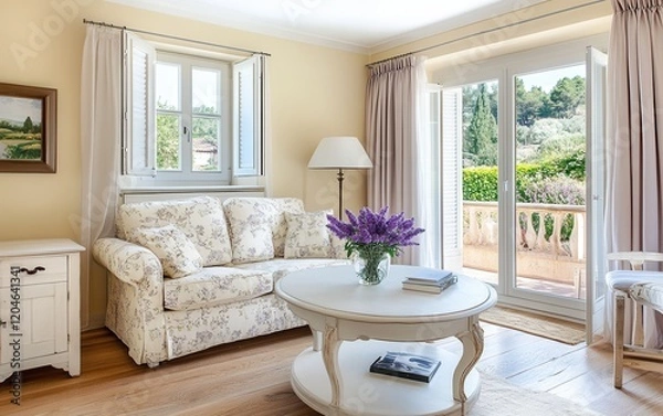Fototapeta A Provencal living room with pastel butter yellow walls, a beige floral sofa, whitewashed wooden furniture, and soft pastel lavender curtains