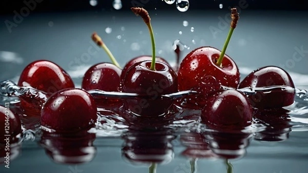 Fototapeta Dark red cherries splashing into water with a hint of red dye.