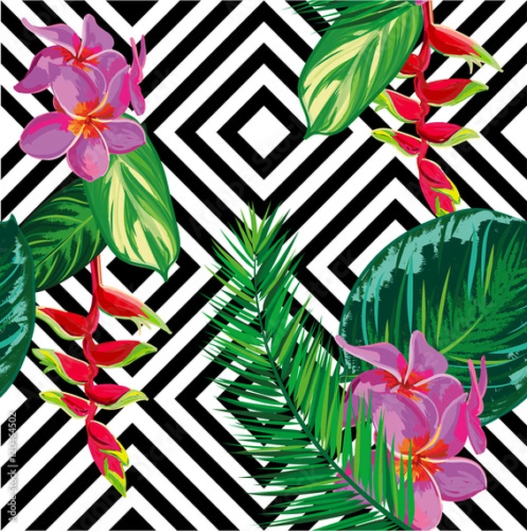 Obraz Beautiful seamless tropical jungle floral pattern background with palm leaves. Vector illustration.