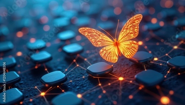 Fototapeta Futuristic butterfly flies over network of linked digital blocks. Metaverse concept. Holographic butterfly. NFT, blockchain technology. Abstract, innovative design. Dynamic graphic. New tech