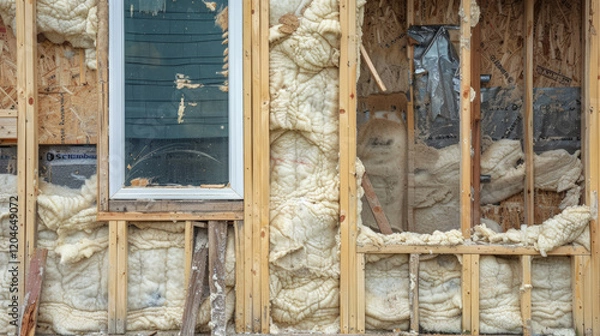 Fototapeta Insulation replacement process visible on home exterior wall