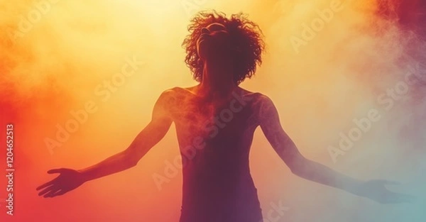 Fototapeta Confident Young Male Dancer in Silhouette Syncing with Music and Technology on Wireless Smartwatch