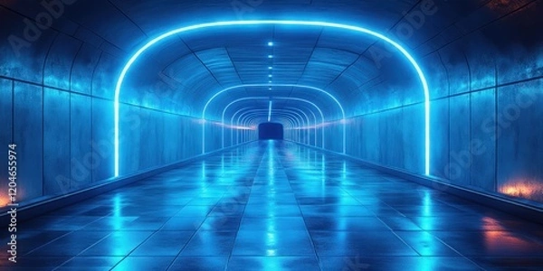 Fototapeta Futuristic Corridor with Glowing Blue Neon Lights in Cyberpunk Style Dramatic Low Angle Perspective with Reflective Wet Floor