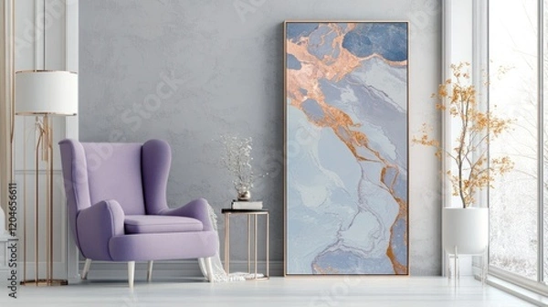 Fototapeta Lavender armchair, abstract art, modern room, winter view