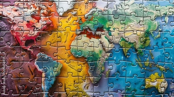Fototapeta A Colorful World Map Jigsaw Puzzle Partially Assembled