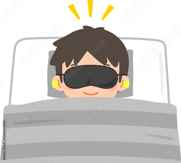 Fototapeta アイマスクと耳栓をして布団で寝る男性