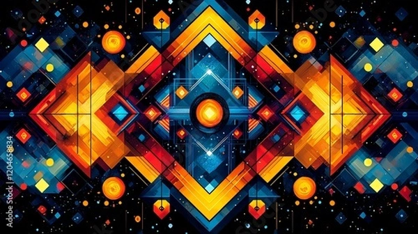 Fototapeta Abstract geometric artwork with vibrant orange, red, and blue shapes.