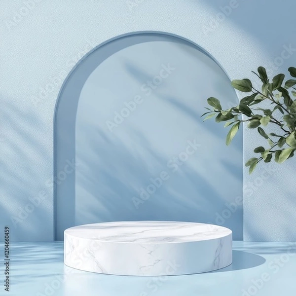 Fototapeta 3d render of white marble podium with arch and plant on blue background