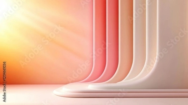 Fototapeta Minimalist design with curved pastel shapes and warm sunlight gradient creating a soft and modern abstract composition