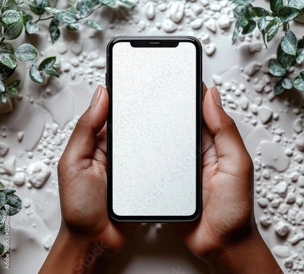 Fototapeta Smartphone Usage with Black Woman Hands on White Background