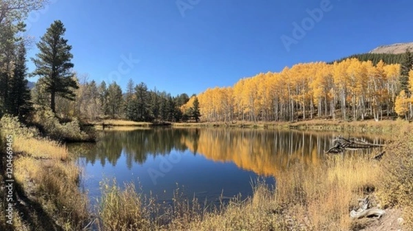 Fototapeta Lake surrounded by golden aspen trees and reflections of autumn foliage
