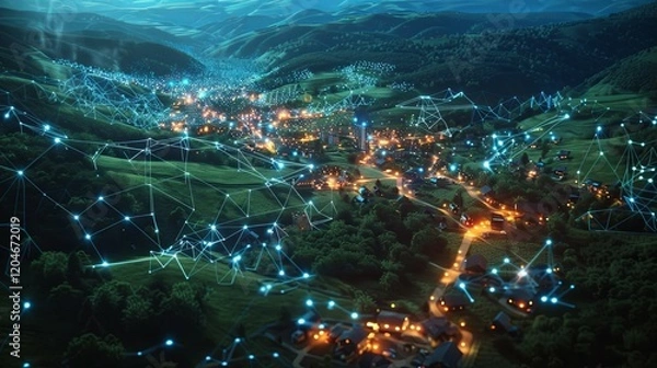 Obraz Nighttime Village Connected By Network Of Lights