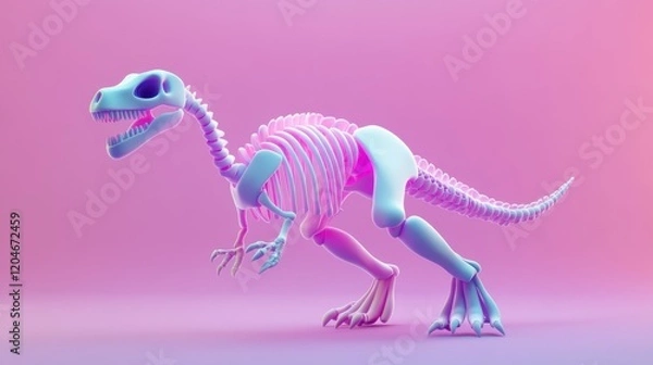 Fototapeta Dinosaur skeleton model studio 3d render pink background side view science fiction