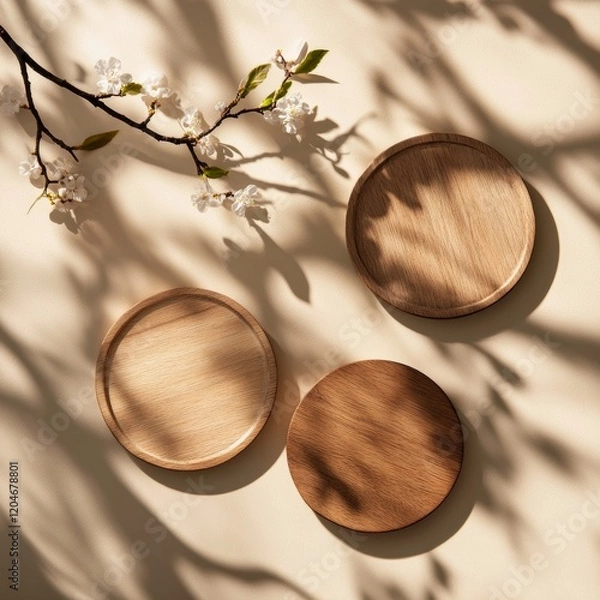 Fototapeta Wooden round podiums on the background of spring flowering branches. Flat lay, top view.