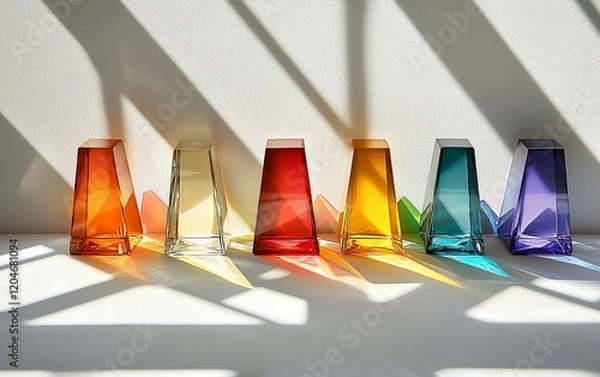 Fototapeta Colorful glass prisms casting rainbow shadows on white surface.