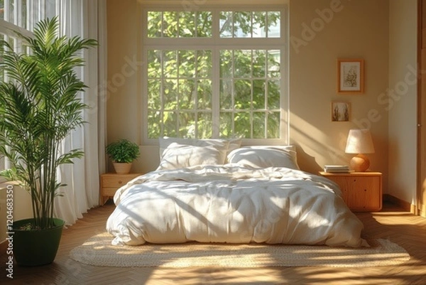 Fototapeta Cozy Modern Scandinavian Bedroom with Natural Light and Potted Plants