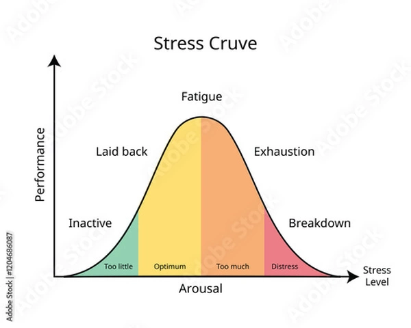 Fototapeta stress Level graph from too little arousal to distress and feel anxiety, exhaustion, breakdown 
