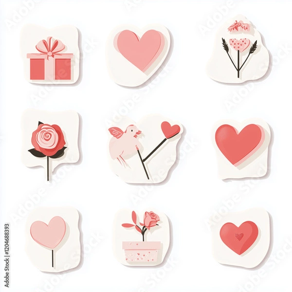 Fototapeta Minimalist sticker-style icons representing Valentine's Day love and affection