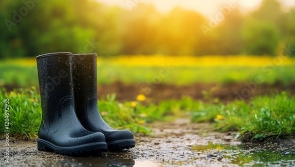 Fototapeta A Pair of Rain Boots on a Path Towards a Vibrant Field During Golden Hour