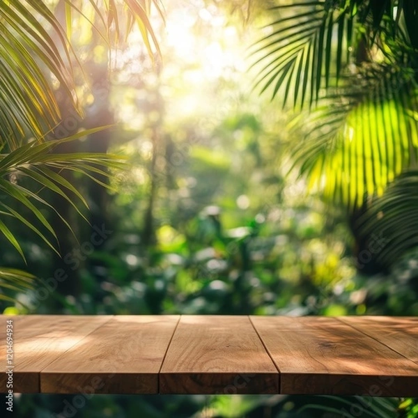Fototapeta Wood table top on blur green nature background with bokeh light