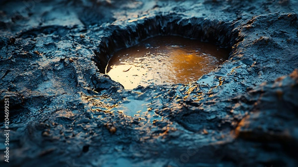 Fototapeta Close-up of a muddy puddle reflecting warm light amidst textured earth, evoking nature's beauty