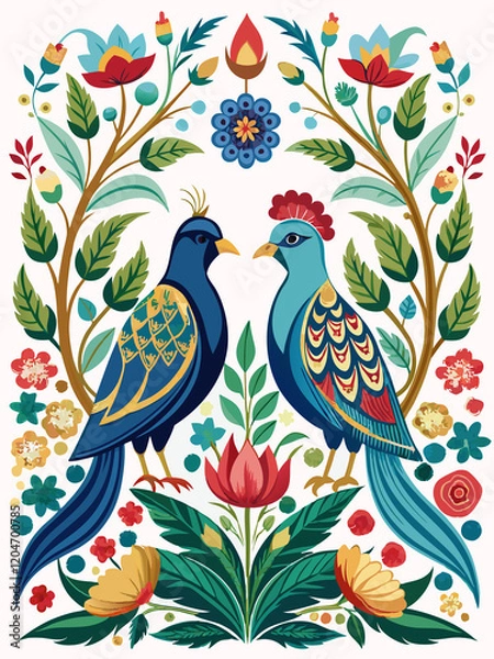 Fototapeta bird on a branch with flowers