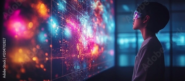 Fototapeta Young Scientist Exploring a Futuristic Interactive Display