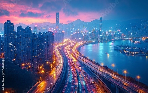 Fototapeta Vibrant cityscape at twilight, showcasing a coastal highway with dense traffic and illuminated skyscrapers.