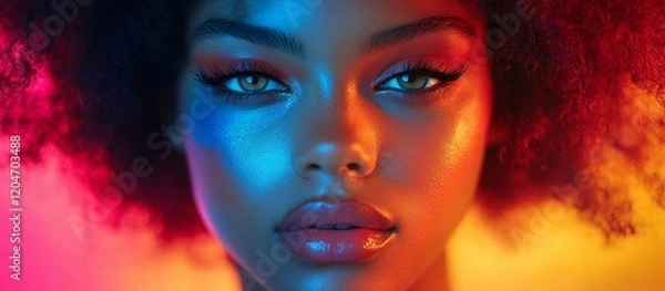Fototapeta Neon Portrait: A Woman's Face Illuminated in Vivid Hues