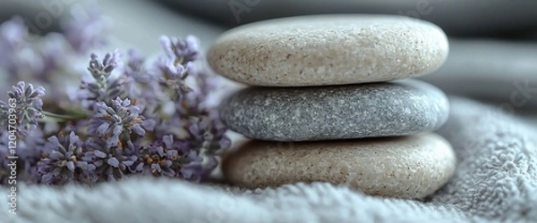 Fototapeta Stacked smooth stones and lavender flowers on a grey towel.