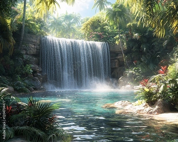 Fototapeta Lush tropical waterfall cascading into a serene pool. (1)