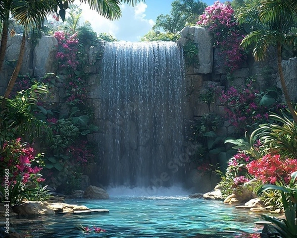 Fototapeta Lush tropical waterfall cascading into a tranquil pool, surrounded by vibrant pink flowers and green foliage.